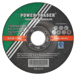 Disco de corte ST Power Traser para acero al carbón y acero inoxidable, ideal para uso con esmeril en aplicaciones industriales de corte y desbaste.