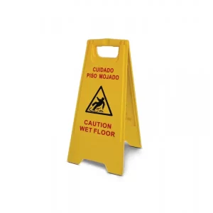 Señalamiento piso mojado: Tipo tijera color amarillo plástico PP alta resistencia medidas 61 cm alto x 30 cm ancho Compra en Guantes Sergo.